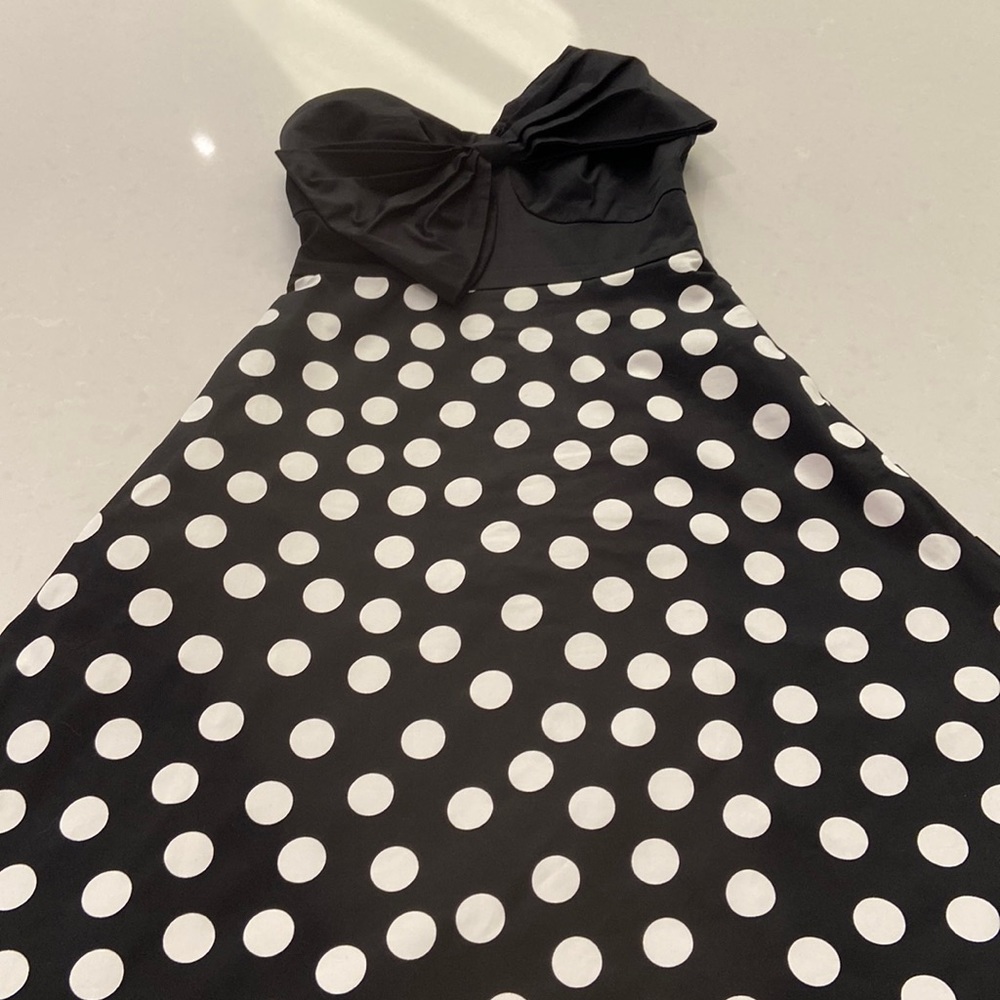 Anthropologie Black and White Polka Dot Strapless Midi Dress - Picture 3 of 6